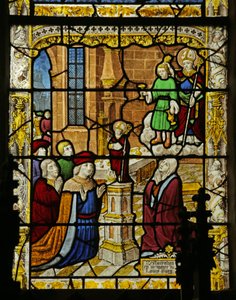 Vidriera que representa al niño con la copa de oro y la estatua de San Nicolás, c.1495